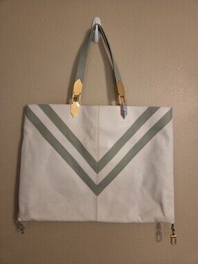 TIME'S ARROW White Sage Green‎ Leather Chevron Striped Large Shoulder Tote Bag